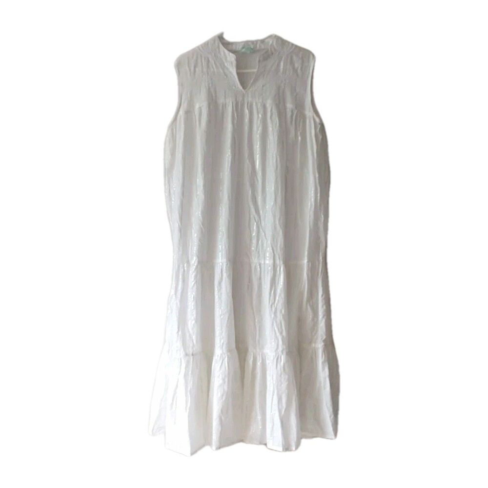 True Destinations Maxi Dress L White Metallic Striped Tiered Embroidered Resort